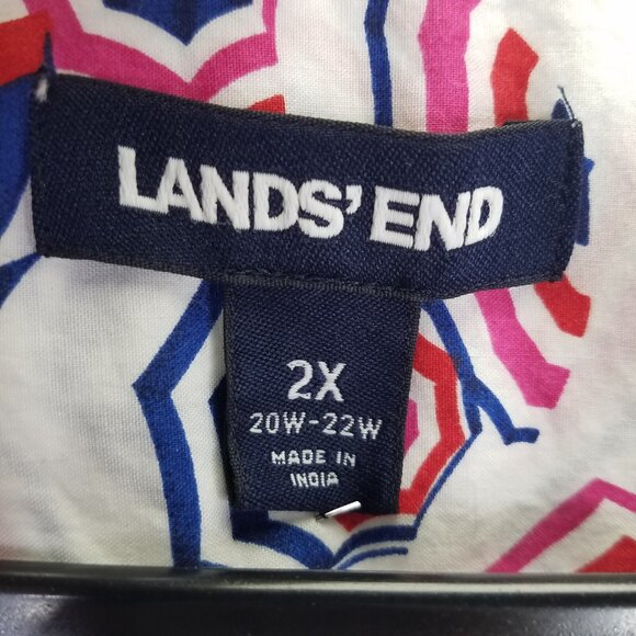 Lands End Button Up Shirt Women 2X 20-22 Cotton Roll Tab Sleeve Umbrella Print - Picture 9 of 15